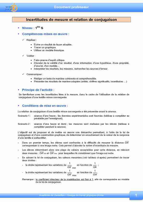 [PDF] 1 Incertitudes de mesure et relation de conjugaison - Physique