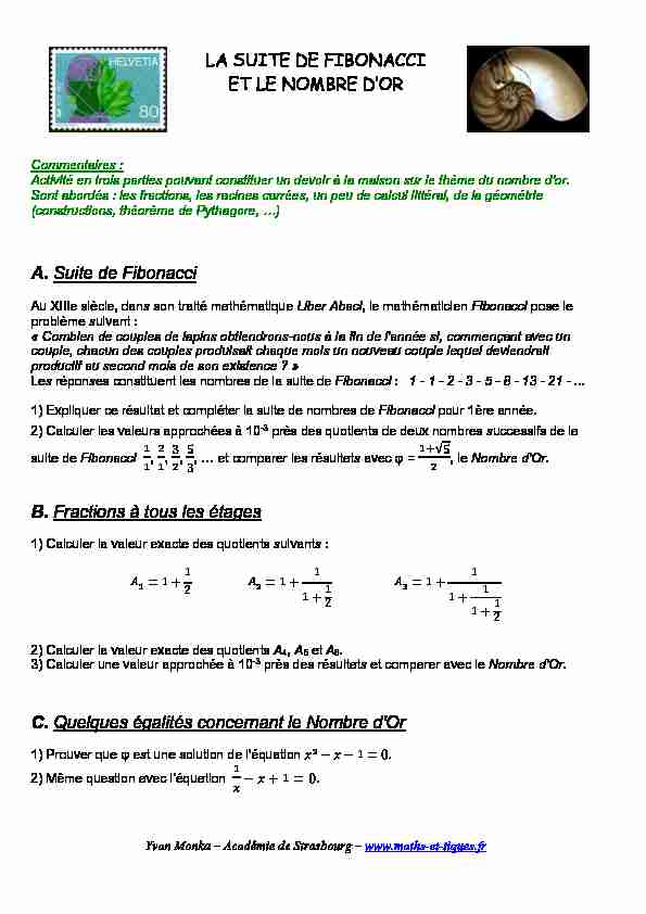 [PDF] Suite de Fibonacci et le nombre dor - maths et tiques