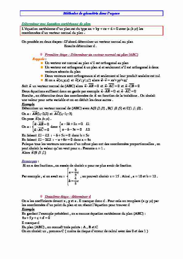 [PDF] Méthodes de géométrie dans lespace Déterminer une équation