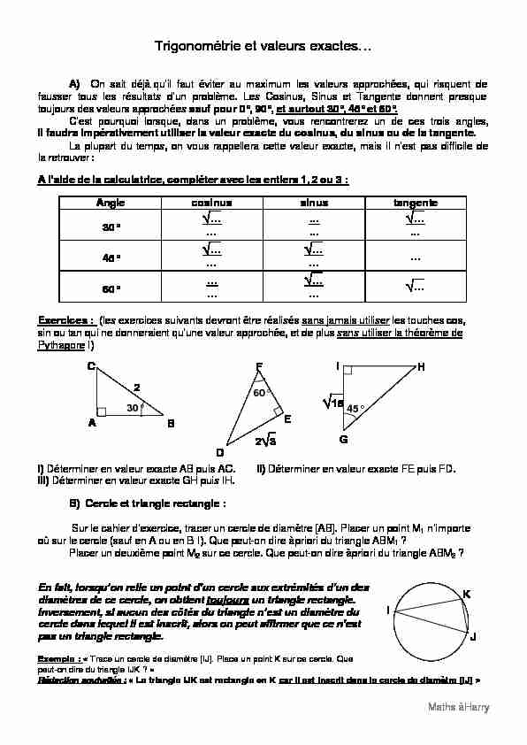 [PDF] Trigonométrie et valeurs exactes - Maths à Harry