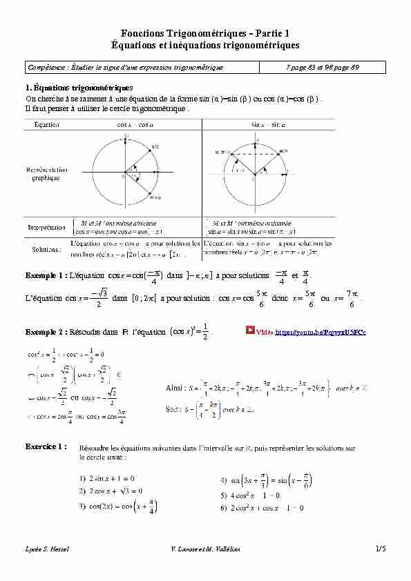Fonctions Trigonométriques - Partie 1 Équations et