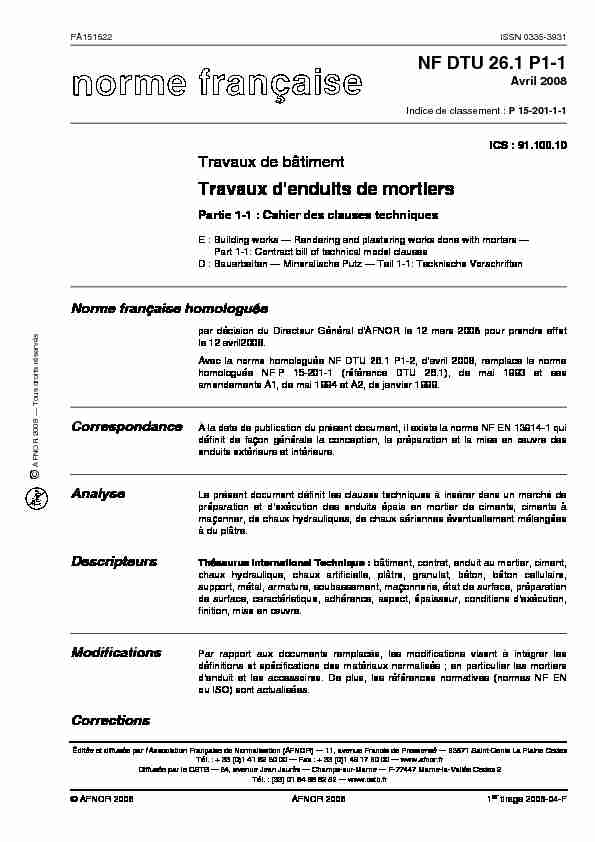 [PDF] NF DTU 261 P1-1 Travaux denduits de mortiers