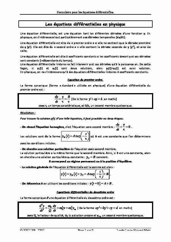 [PDF] Les équations différentielles en physique - CPGE TSI Lycée Louis