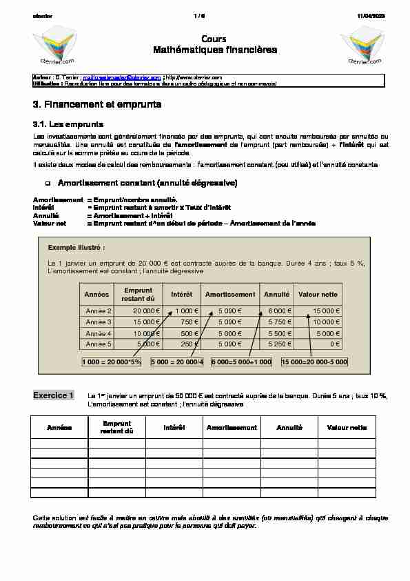 [PDF] Mathématiques financières 3 – Financement et emprunts - cterriercom