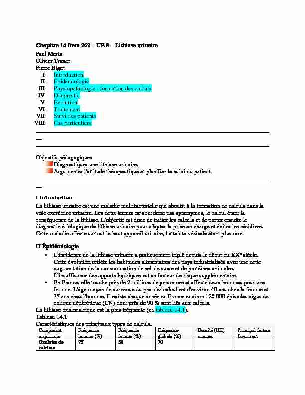[PDF] Chapitre 14 Item 262 – UE 8 – Lithiase urinaire  Urofrance