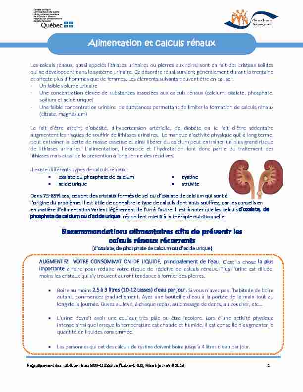 [PDF] Alimentation et calculs rénaux - Clinique de santé Jacques-Cartier