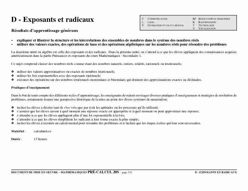 [PDF] Exposants et radicaux - Mathématiques - Programme détudes