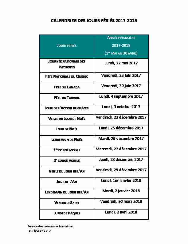 [PDF] CALENDRIER DES JOURS FÉRIÉS 2017-2018 - UQO