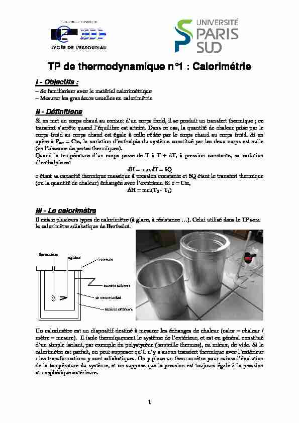 TP de thermodynamique n°1 : Calorimétrie - F2School