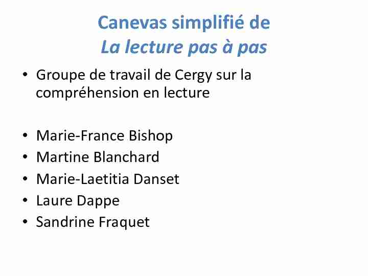 Canevas simplifié de La lecture pas à pas - Centre Alain-Savary