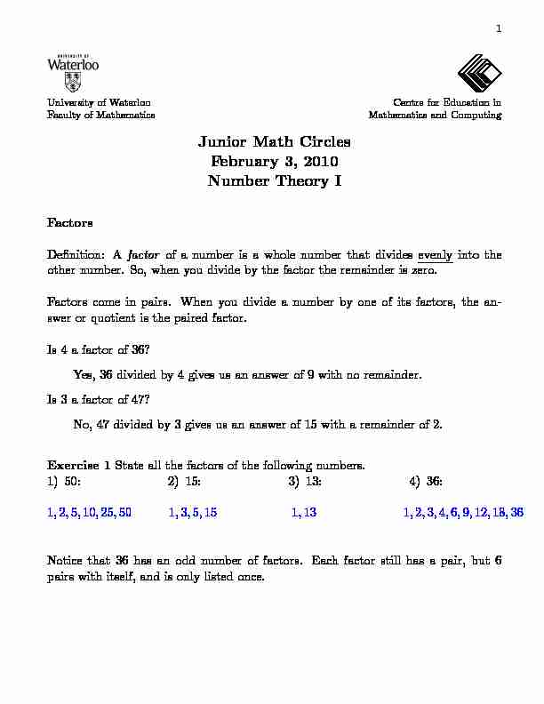 Junior Math Circles February 3 2010 Number Theory I