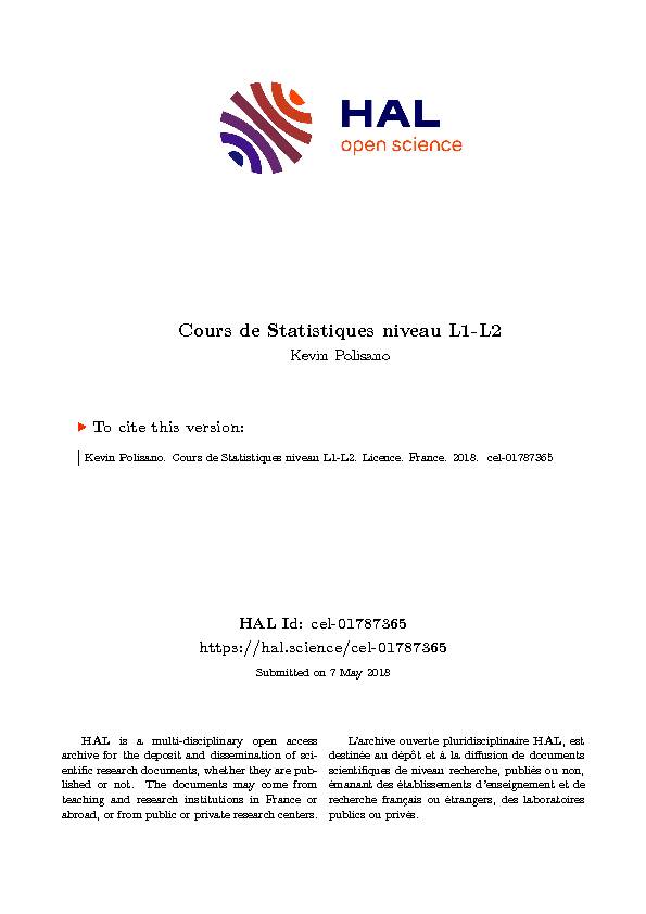[PDF] Cours de Statistiques niveau L1-L2 - Archive ouverte HAL