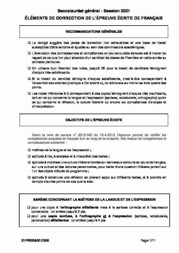 Corrigé du bac Français (1ère) 2021 - Antilles-Guyane 2