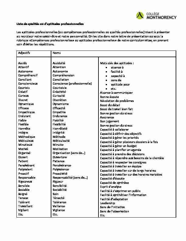 [PDF] Liste de qualités ou daptitudes professionnelles Les aptitudes