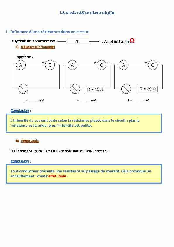 [PDF] LA RESISTANCE ELECTRIQUE 1 Influence dune  - PCCL