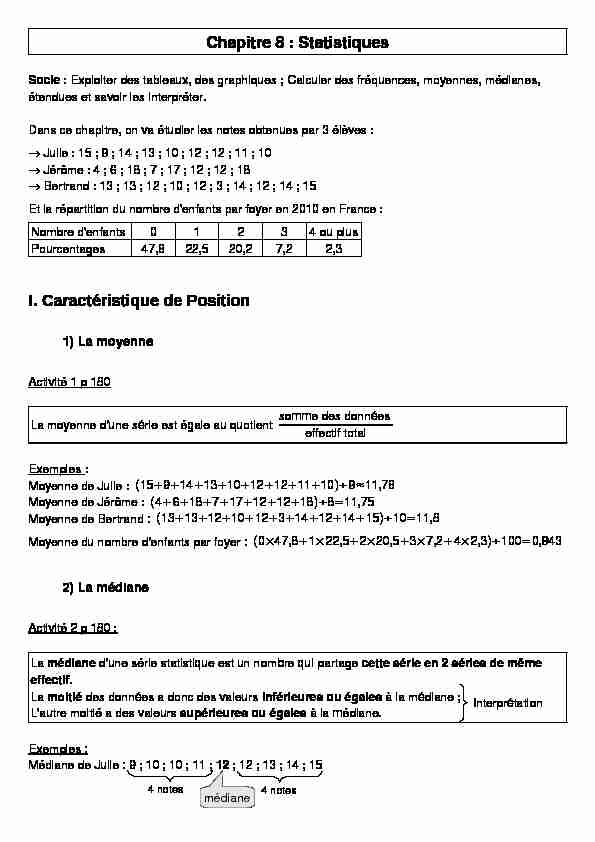 [PDF] Chapitre 8 : Statistiques I Caractéristique de Position