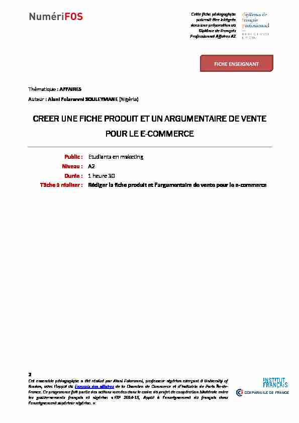 [PDF] Fiche produit et argumentaire de vente - enseignant - Français des