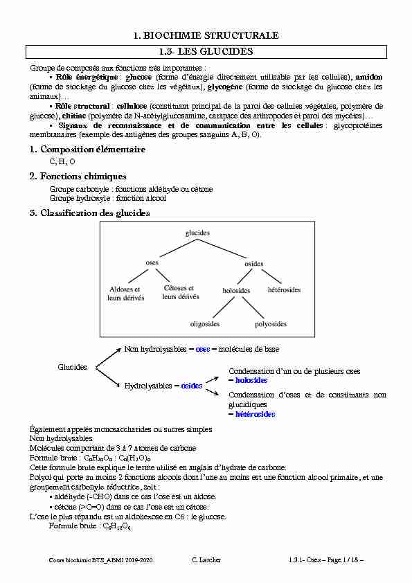 [PDF] 1 BIOCHIMIE STRUCTURALE 13- LES GLUCIDES 1 Composition