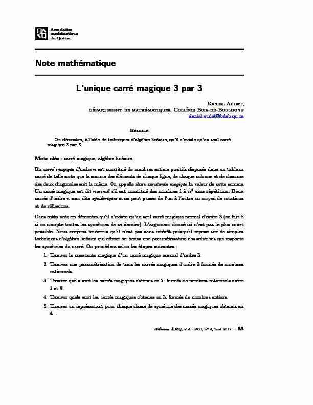 [PDF] Note mathématique Lunique carré magique 3 par 3 - Association
