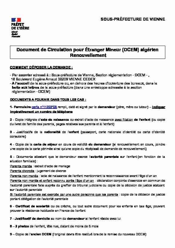 Document de Circulation pour Étranger Mineur (DCEM) algérien