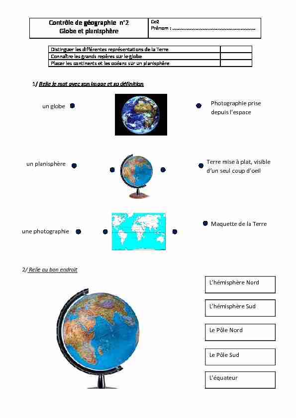 Contrôle de géographie n°2 Globe et planisphère
