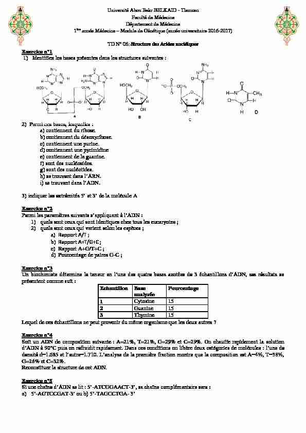 1ère TD N° 06: Structure des Acides nucléiques Exercice n°1 1