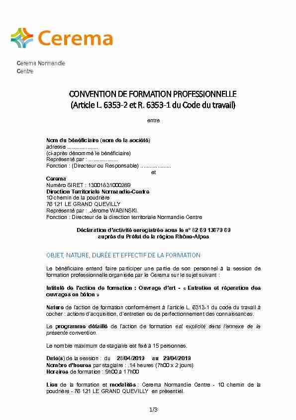 [PDF] CONVENTION DE FORMATION PROFESSIONNELLE (Article L