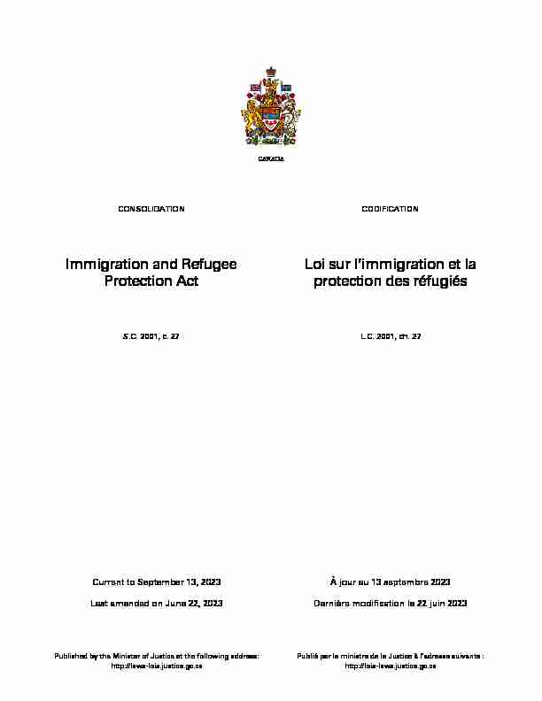 Immigration and Refugee Protection Act Loi sur limmigration et la