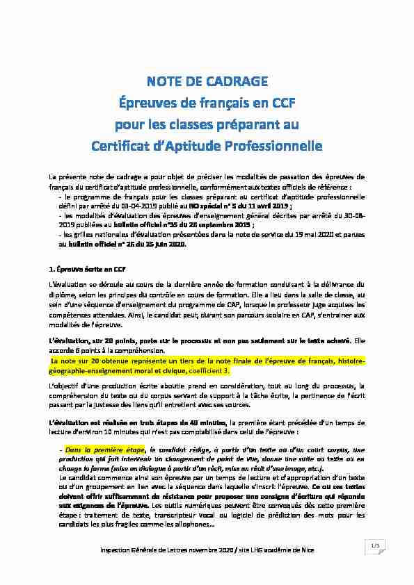 NOTE DE CADRAGE Épreuves de français en CCF pour les classes
