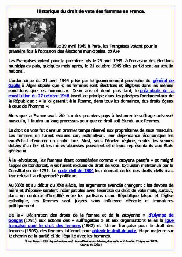 [PDF] Historique du droit de vote des femmes en France Le 29 avril 1945