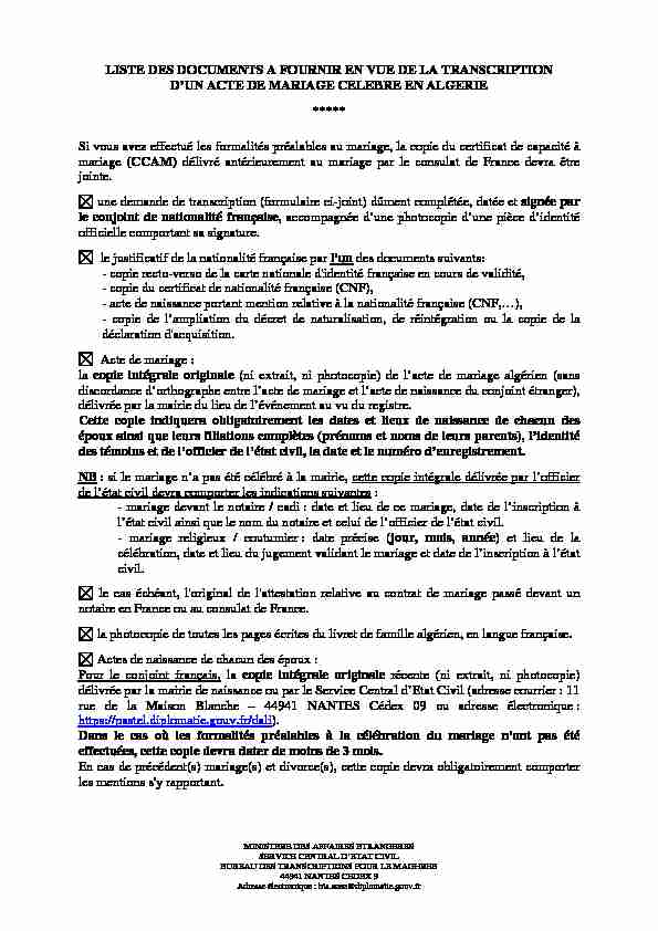 (Liste documents transcription mariage en Algérie)