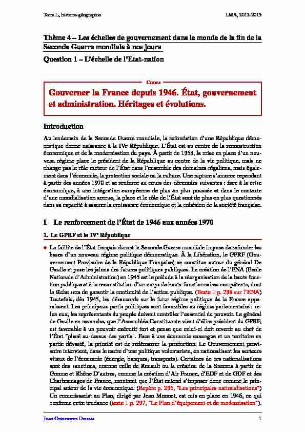 Cours Gouverner la France depuis 1946 État gouvernement et