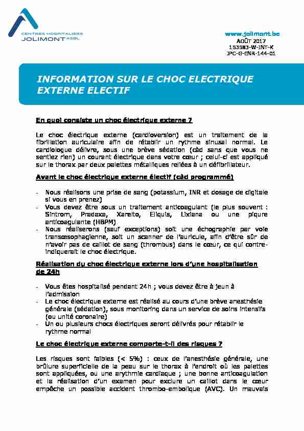 INFORMATION SUR LE CHOC ELECTRIQUE EXTERNE ELECTIF