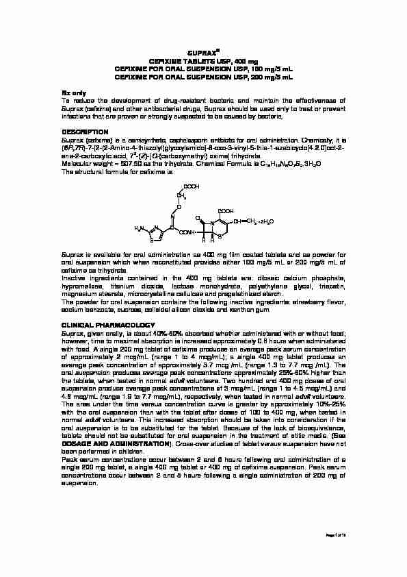 SUPRAX® CEFIXIME TABLETS USP 400 mg CEFIXIME FOR