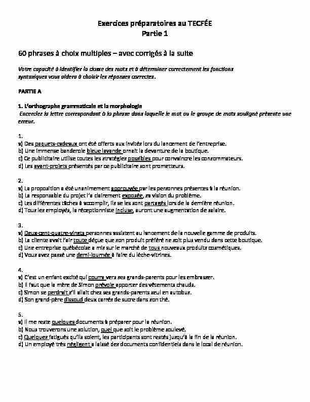 [PDF] Exercices préparatoires au TECFÉE Partie 1 60 phrases à choix