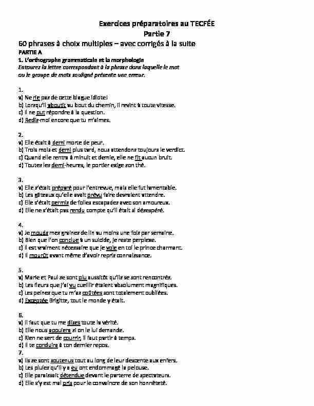 Exercices préparatoires au TECFÉE Partie 7 60 phrases à choix