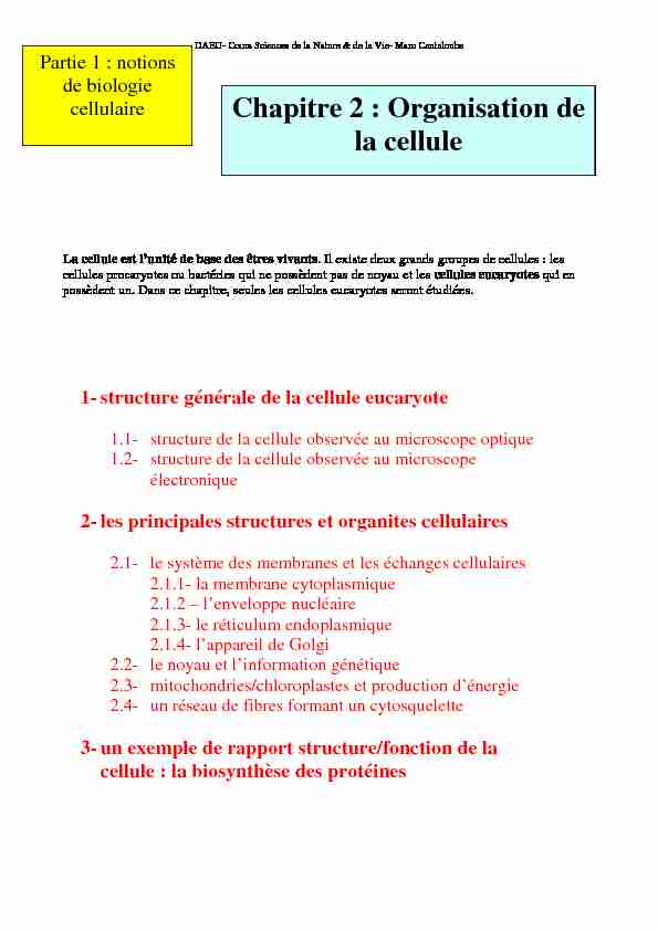 [PDF] Chapitre 2 : Organisation de la cellule