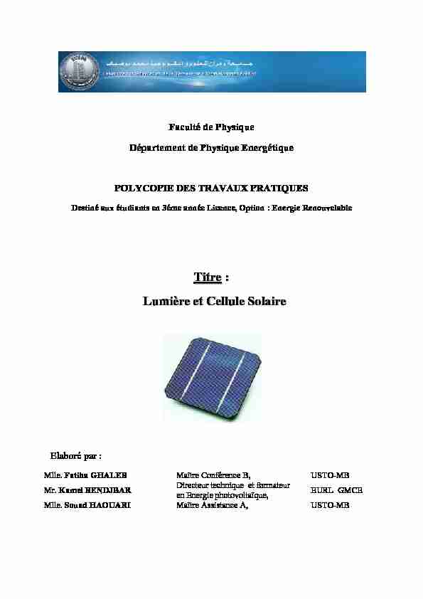 [PDF] Titre : Lumière et Cellule Solaire - USTO