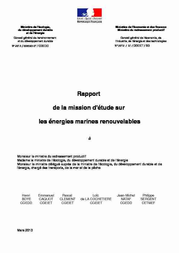 Rapport de la mission détude sur les énergies marines renouvelables