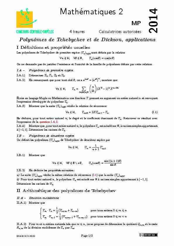 [PDF] Polynômes de Tchebychev et de Dickson applications
