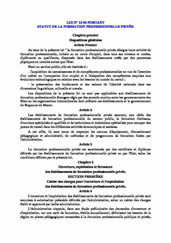 loi n° 13-00 portant statut de la formation professionnelle privée
