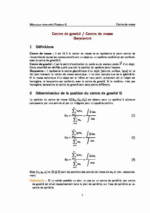 [PDF] Centre de gravité / Centre de masse Barycentre - beldjelili
