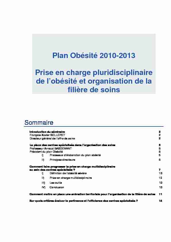 Plan Obésité 2010-2013 Prise en charge pluridisciplinaire de l