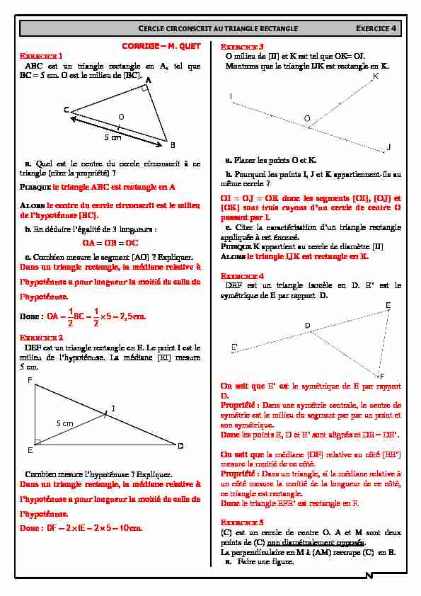 cercle circonscrit au triangle rectangle exercice 4 - corrige – m. quet