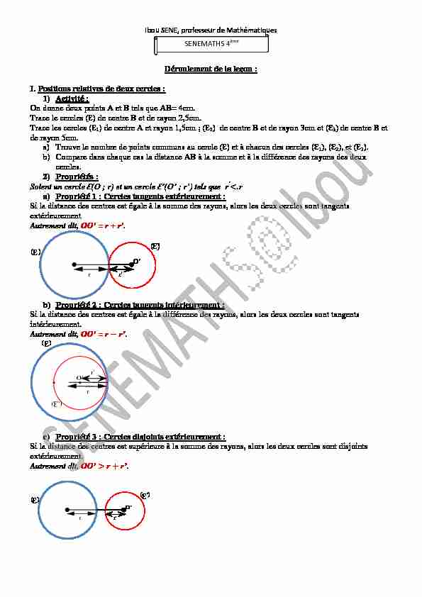 [PDF] Déroulement de la leçon : I Positions relatives de deux cercles : 1