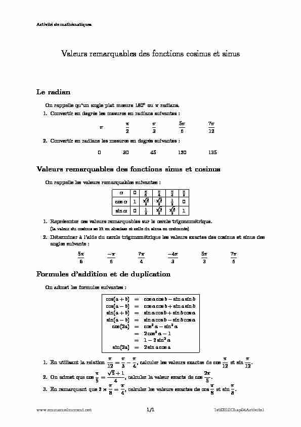 [PDF] Valeurs remarquables des fonctions cosinus et sinus - Emmanuel