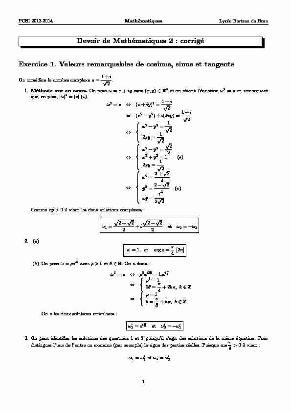 [PDF] Devoir de Mathématiques 2 : corrigé Exercice 1 Valeurs