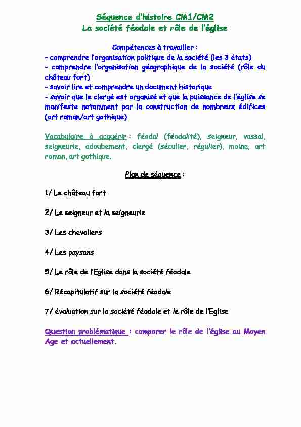 [PDF] Séquence dhistoire CM1/CM2 La société féodale et rôle de léglise