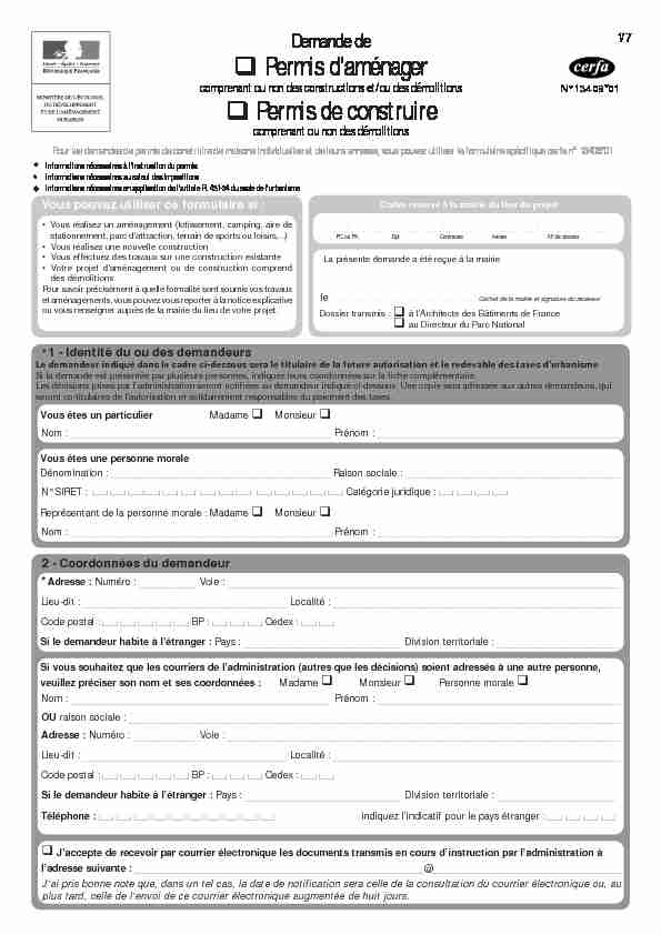 [PDF] Formulaire cerfa 13409*01 de demande de permis de construire ou