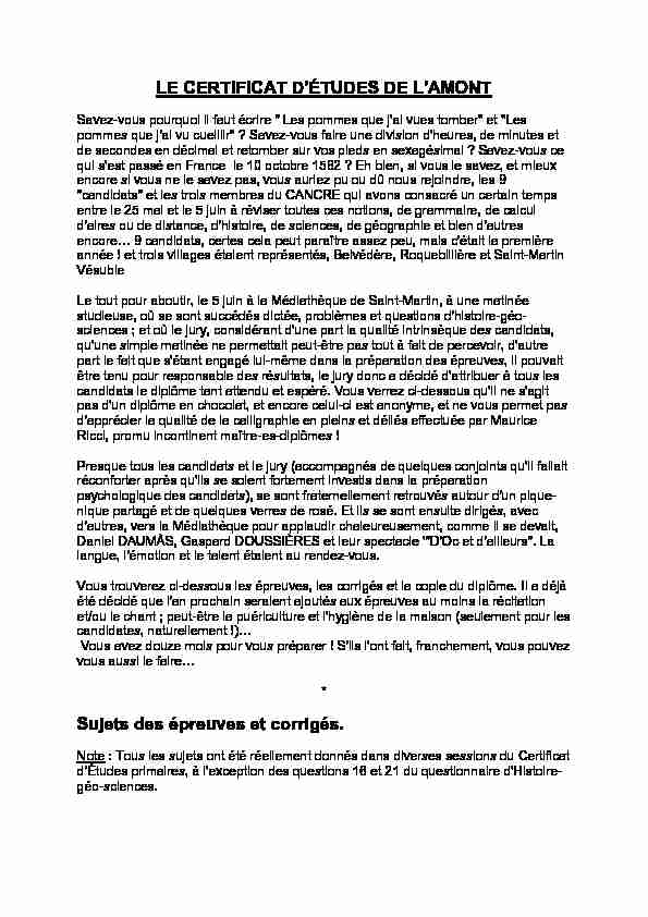 [PDF] LE CERTIFICAT DÉTUDES DE LAMONT Sujets des épreuves et